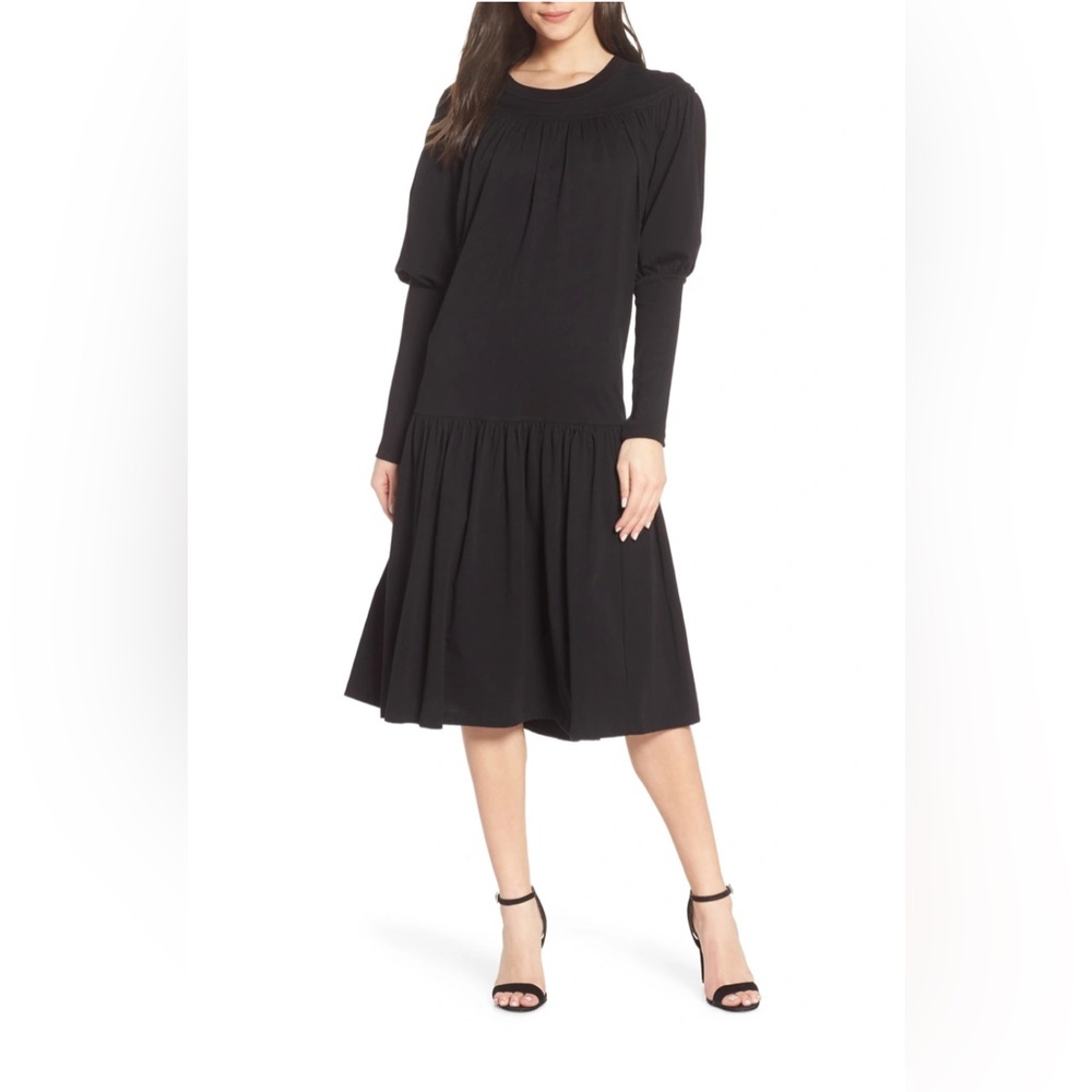 Caara Ben Drop Waist Smock Midi Dress in Black Sz Small